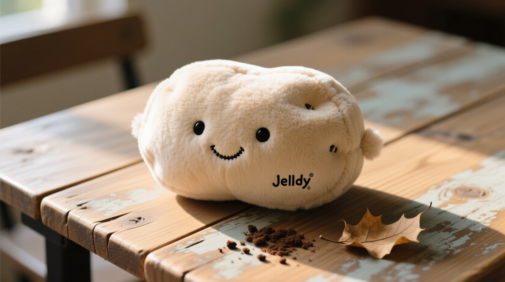 Jellycat Buddy Potato plush toy on wooden table