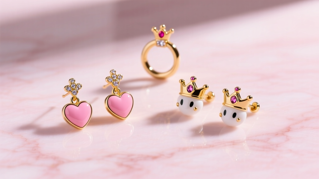Flat-lay of Princess Peach themed earrings, including heart dangles and crown huggies, arranged on a pastel pink marble surface.