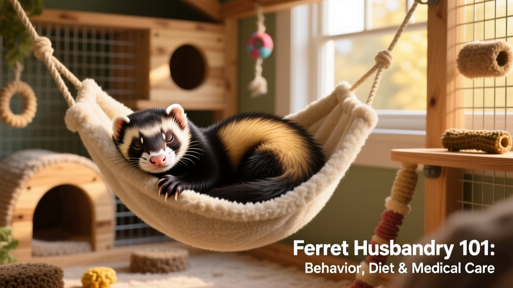 Ferret napping peacefully in a fleece-lined hammock suspended inside a spacious, enriched cage