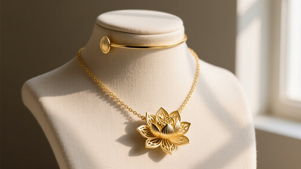 Modern 18k gold Vietnam ear necklace with lotus ear cuff and 16-inch chain displayed on a neutral linen bust.