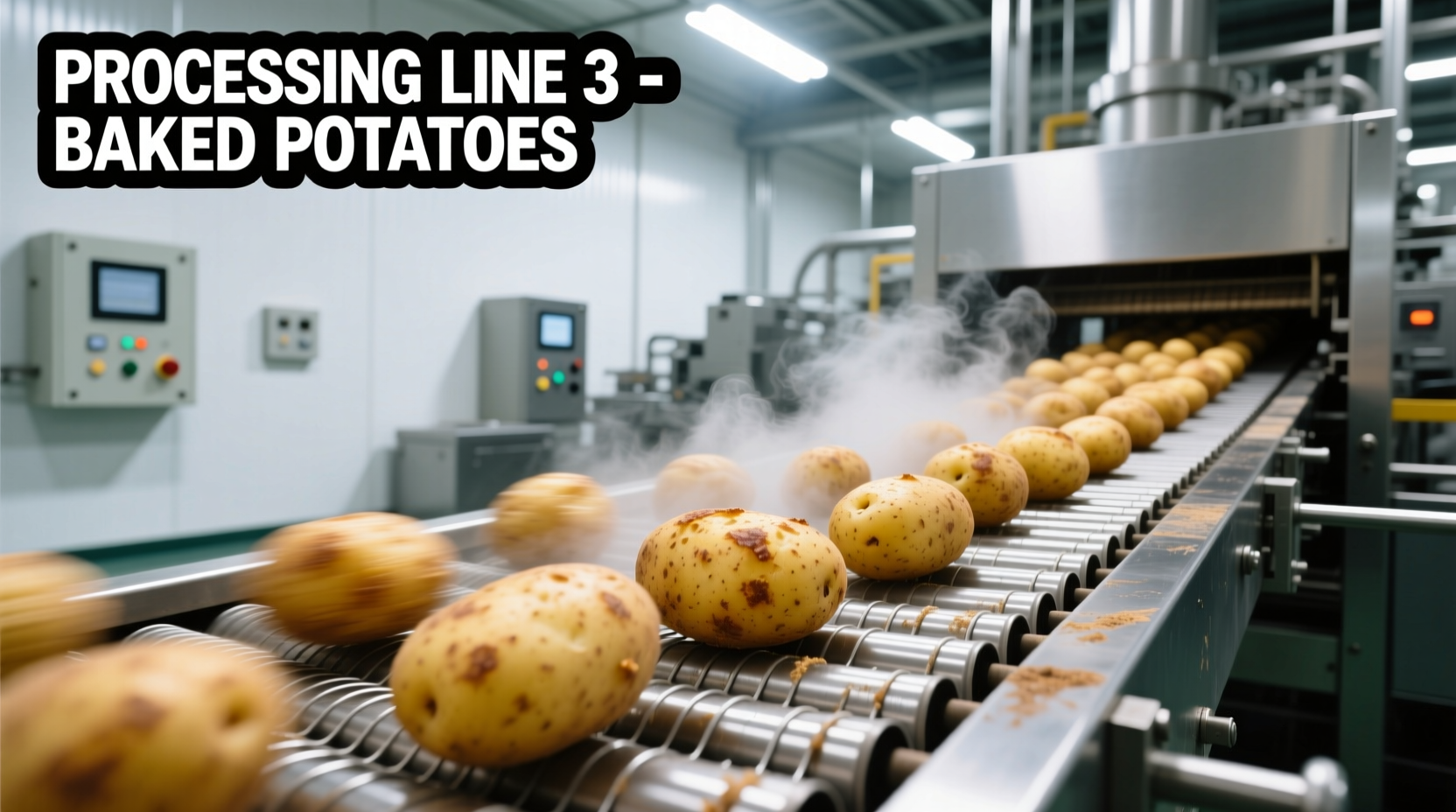 Industrial conveyor system processing baked potatoes