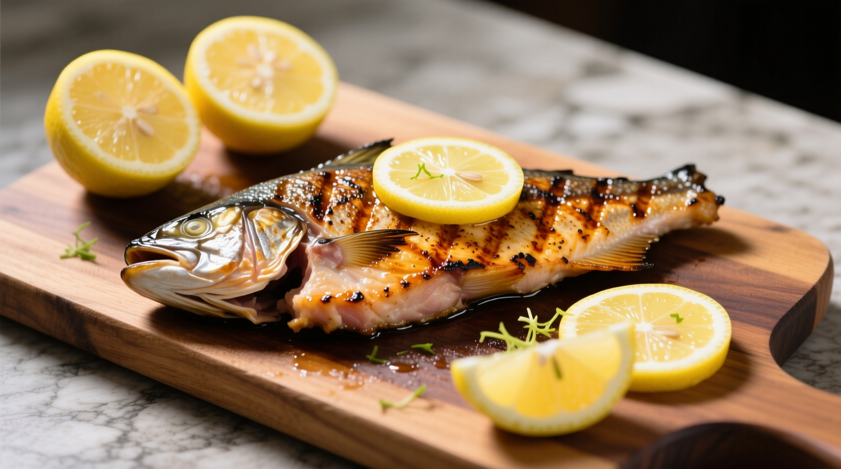 Perfectly grilled swordfish steak with lemon slices