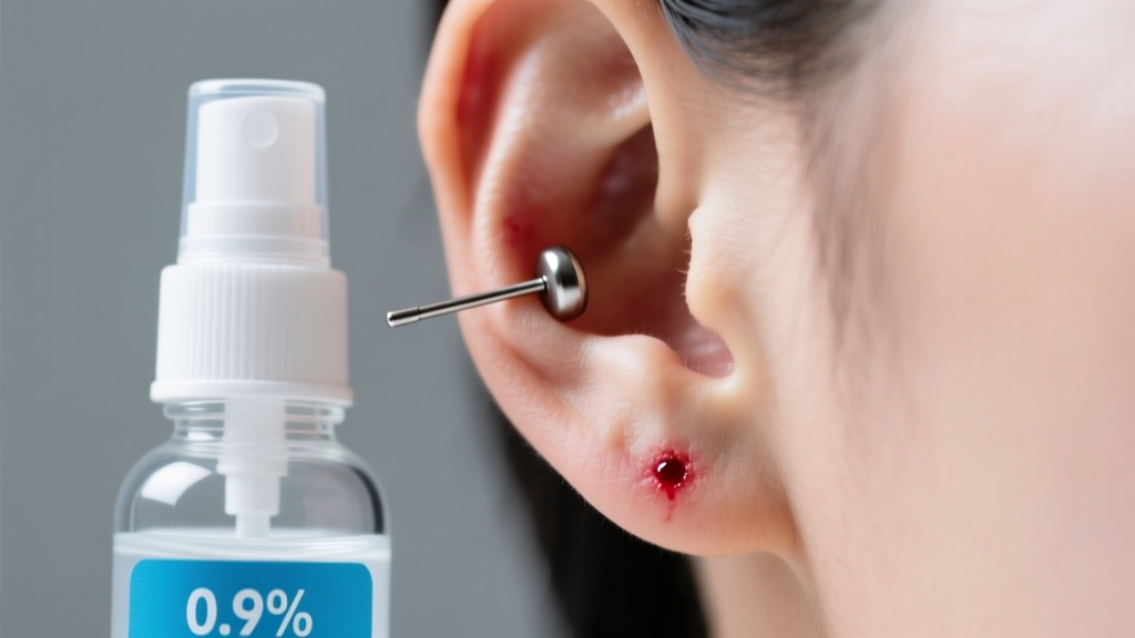 Sterile 0.9% saline spray bottle beside a freshly pierced earlobe with a flat-back titanium stud in soft clinical lighting