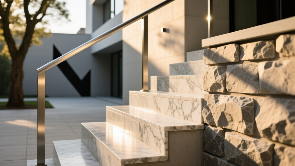 Close-up of manufactured stone veneer applied to exterior concrete stair risers with a smooth limestone tread and modern steel railing