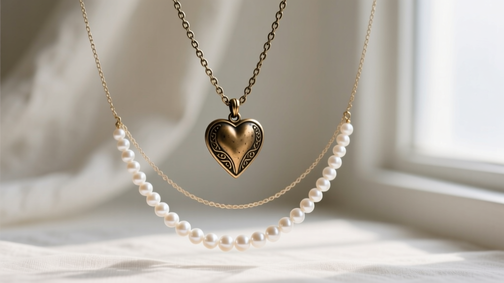 Layered necklace setup featuring a bronze hart charm on a 20-inch rolo chain, paired with a delicate freshwater pearl choker.