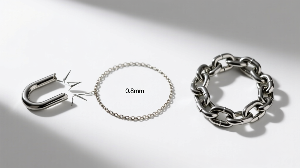 Overhead shot comparing a fragile 0.8mm rolo chain with a broken jump ring next to a durable 1.5mm stainless steel curb chain link