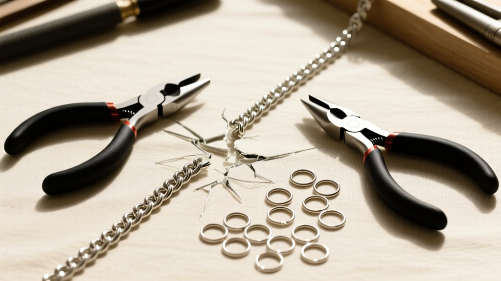 Overhead shot of a workbench showing a broken sterling silver cable chain, two pairs of flat-nose pliers, and 20-gauge jump rings