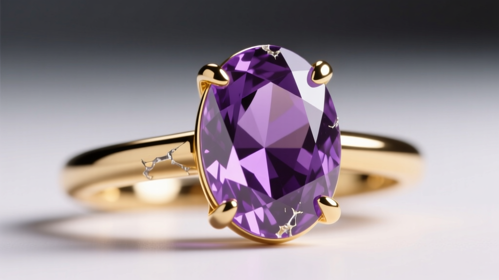 Macro view of a gold prong ring holding an oval amethyst jewelry stone showing tension stress marks and micro-chips near the edge