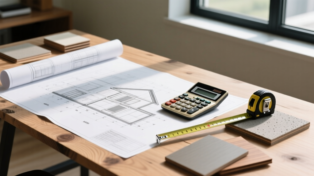 Architectural blueprints on plywood table next to calculator, measuring tape, fiber cement siding, and engineered lumber samples.