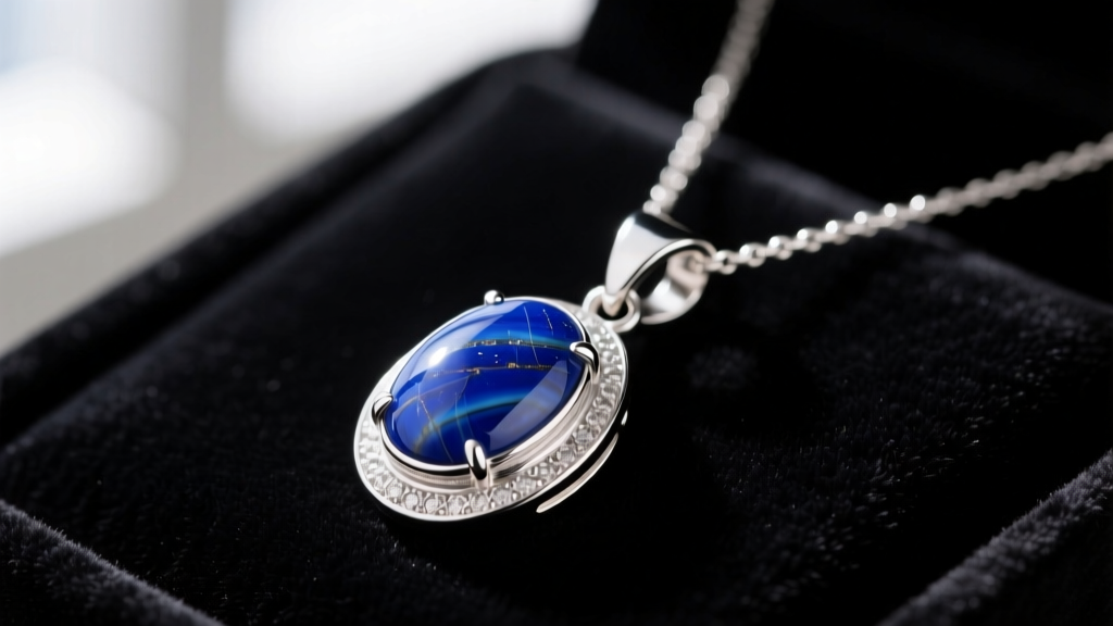 Close-up of a sterling silver TVD necklace with a genuine lapis lazuli oval cabochon pendant resting on dark velvet.