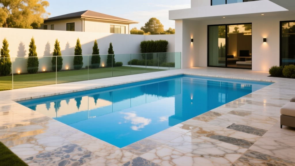Sunlit modern backyard featuring a textured travertine pool deck material surrounding a blue swimming pool with minimalist glass fencing