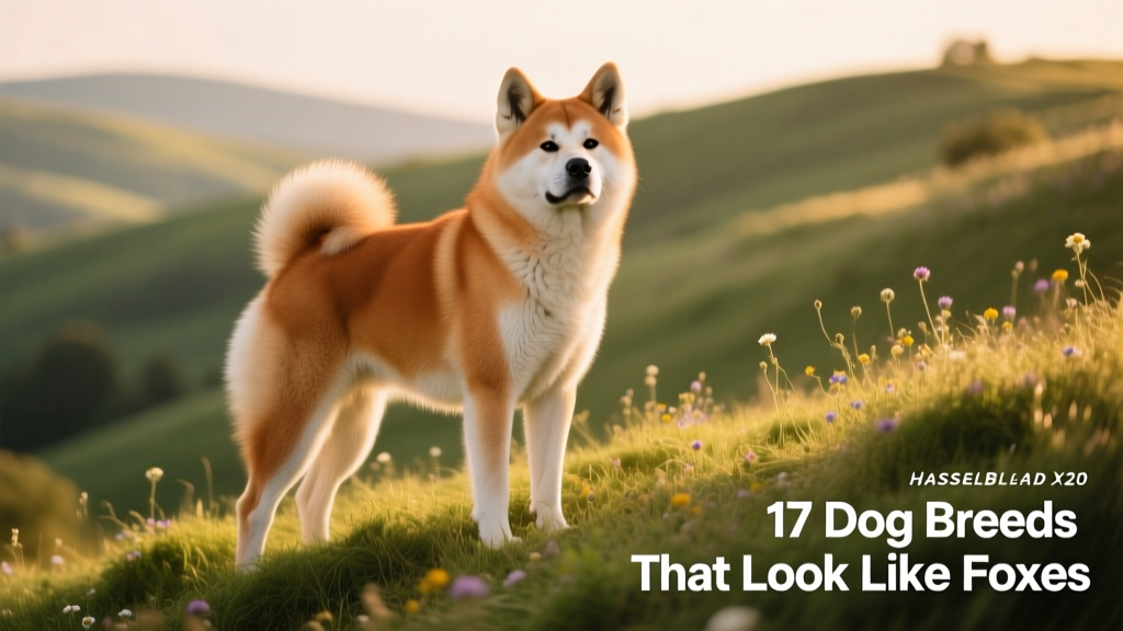 An Akita standing confidently on a grassy hill, showcasing its broad head, erect ears, and thick, rust-colored coat