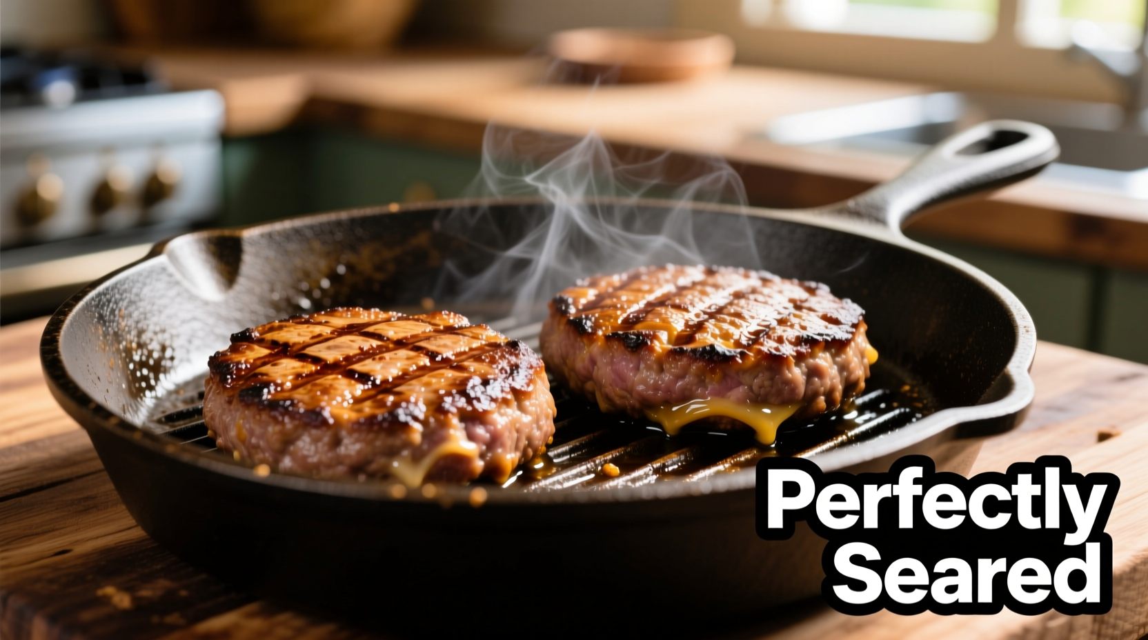 Perfectly seared burger patties in cast iron skillet