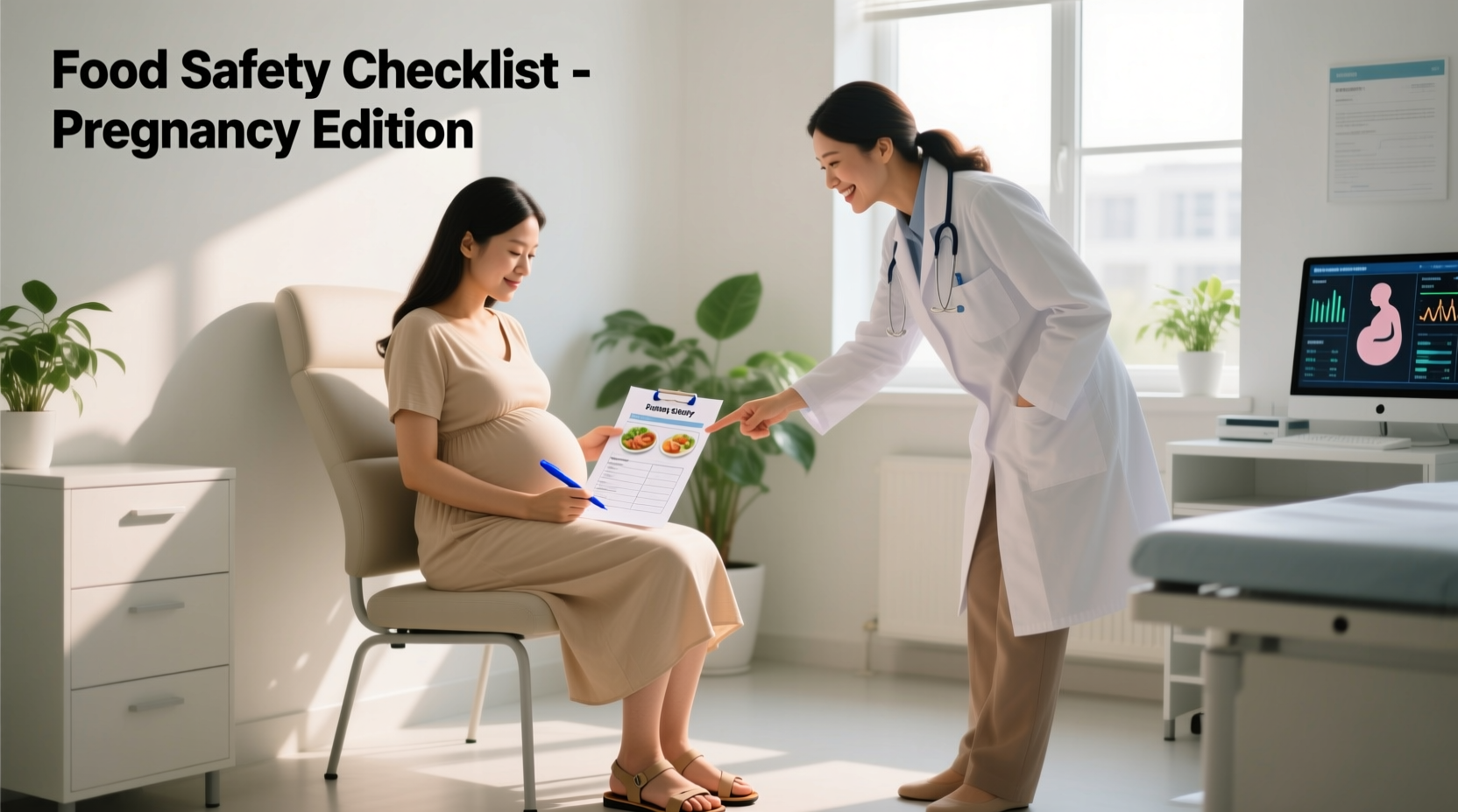 Pregnant woman reviewing food safety checklist with doctor