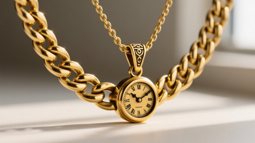 Macro shot of a thick 5mm solid 14k yellow gold Miami Cuban chain connecting to a heavy brass clock pendant bail, in sharp focus.