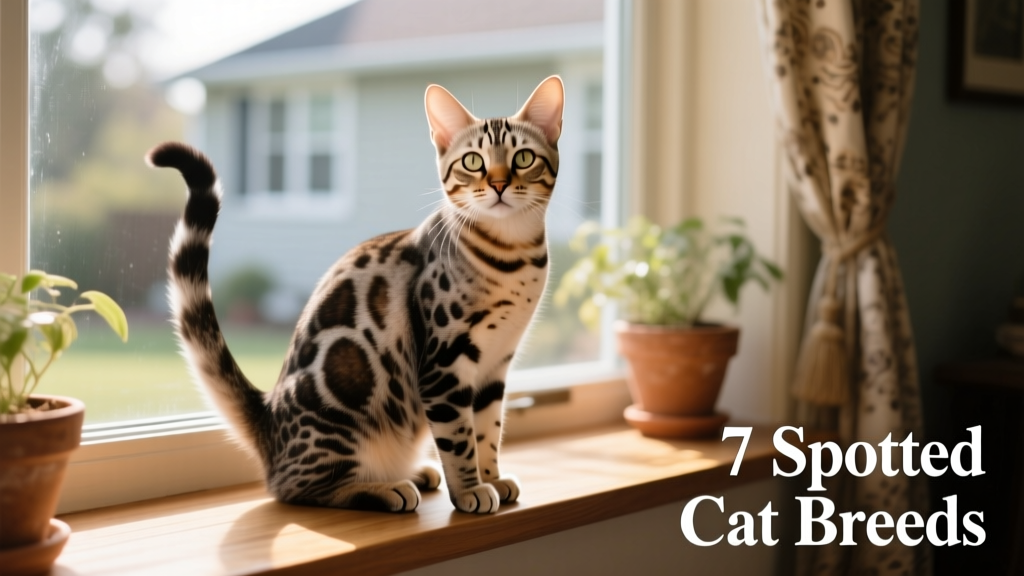 American Bobtail sitting upright on a windowsill, showing off its short tail and spotted coat