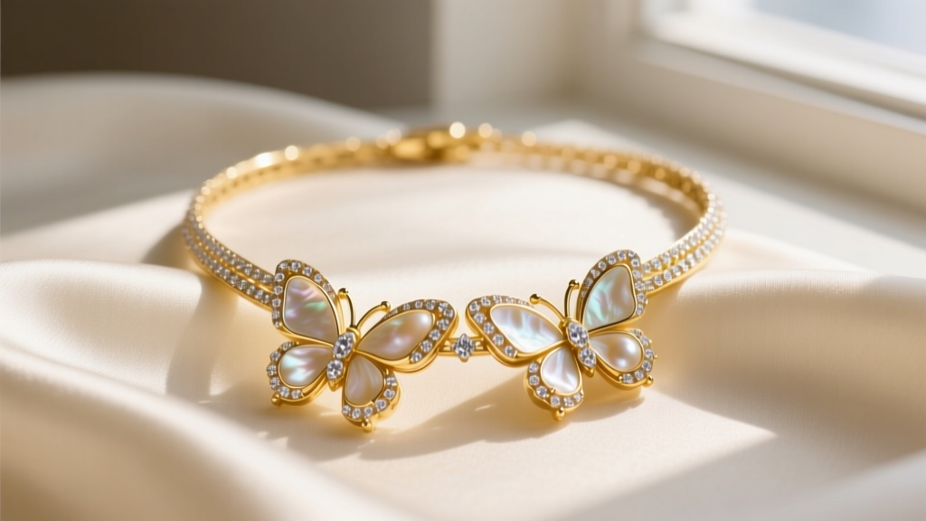 Close-up of 18k yellow gold VCA Two Butterfly necklace with mother-of-pearl and diamond pavé on cream silk in soft natural light.
