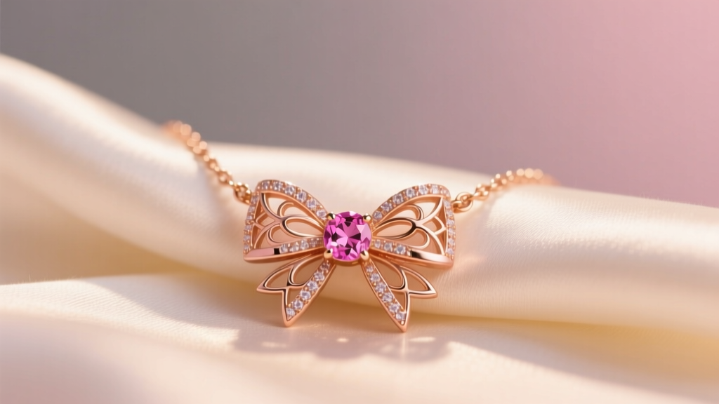 Close-up of a 14k rose gold pink bow necklace resting on soft silk fabric, illuminated by warm, romantic studio lighting.