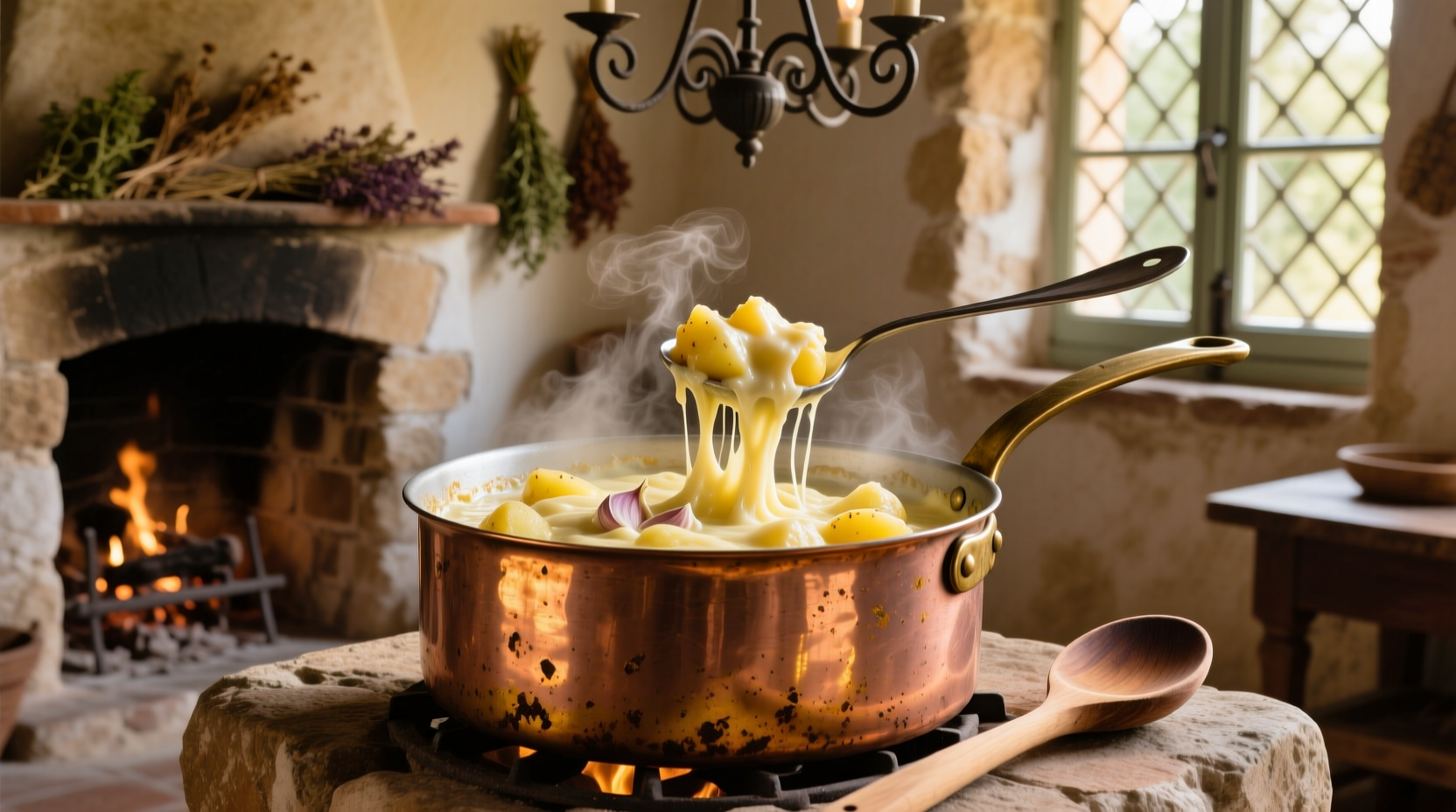 Traditional French aligot cheese and potato dish in copper pot