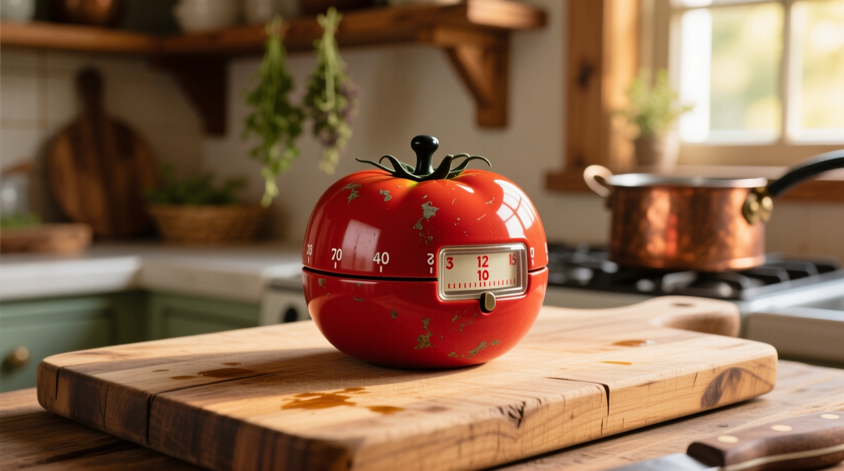 Vintage red tomato kitchen timer on wooden cutting board