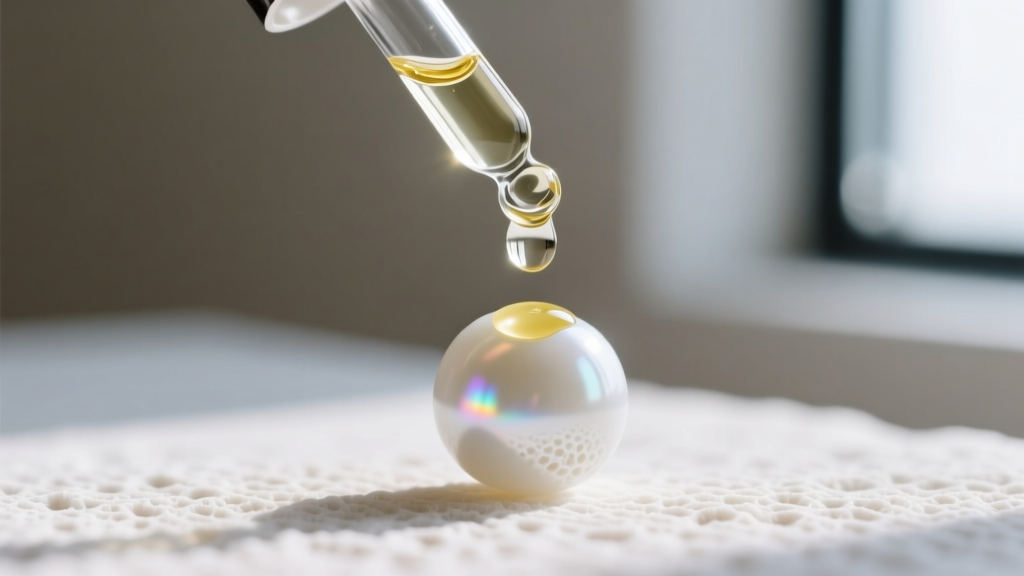 Glass dropper applying a drop of clear mineral oil onto a dry white coral bead to restore its natural luster and original color.