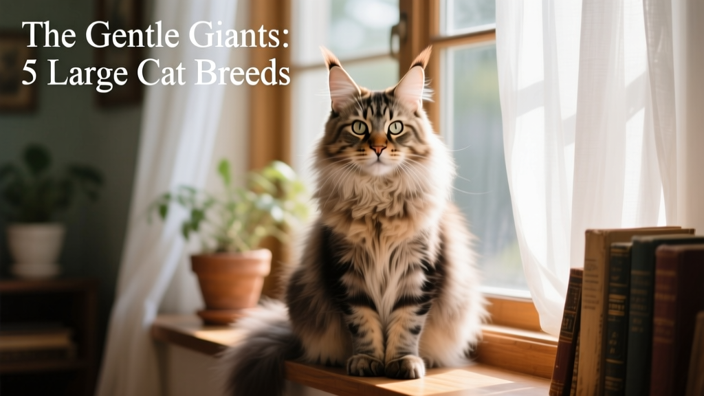 A fluffy Maine Coon sitting calmly on a sunlit windowsill, showing off its ear tufts and expressive eyes