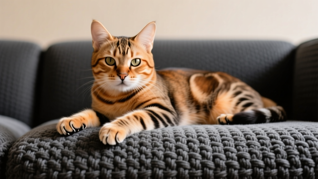 Close-up of a tightly woven charcoal microfiber sofa cushion with a tabby cat resting its paws on the scratch-resistant fabric