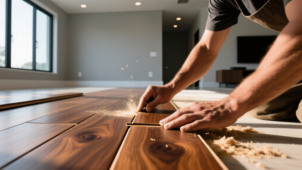 Close-up of a craftsman carefully installing rich Brazilian walnut dark wood flooring planks in a sunlit modern living room
