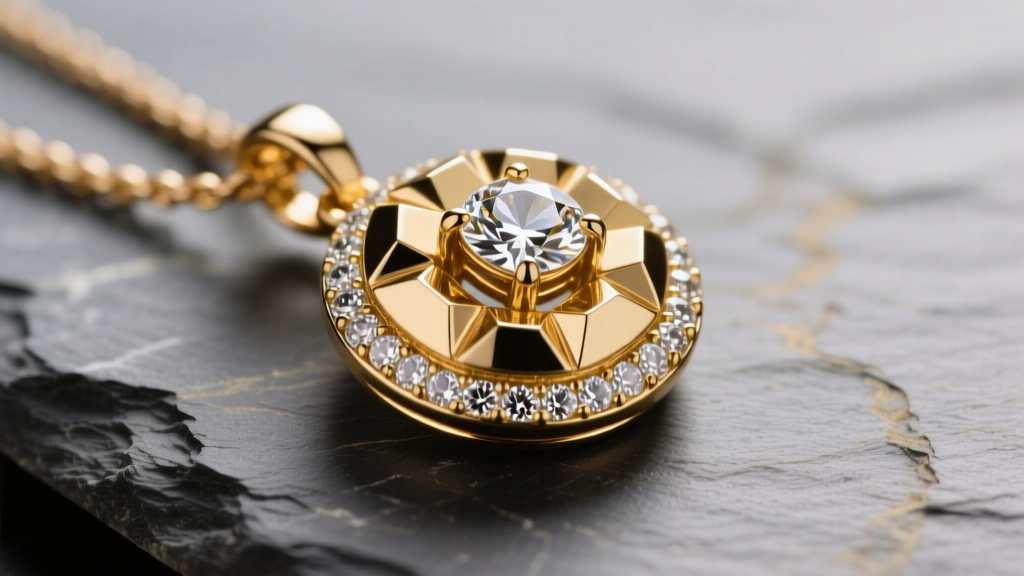Macro shot of a gold-tone fashion pendant on slate, showing polished brass and pavé cubic zirconia under studio light.