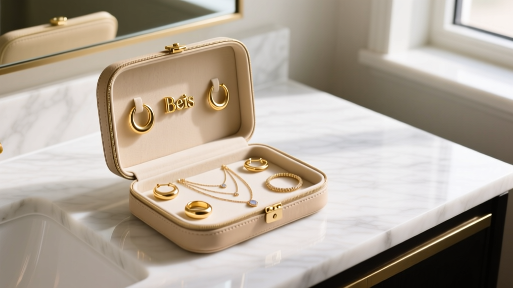 Flatlay of a beige vegan leather Beis jewelry case open on a marble hotel vanity, revealing gold hoops and layered necklaces.
