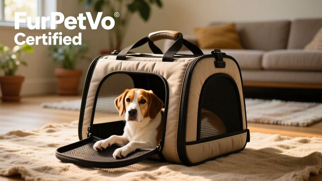 Product shot of a sturdy, padded pet carrier with adjustable handles and breathable mesh panels, labeled 'FurPetVo Certified'