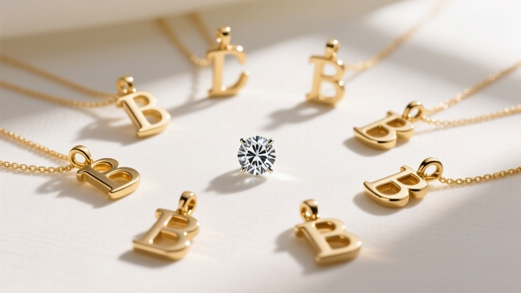 Flat lay of small gold initial pendants and a solitaire diamond charm next to a jeweler