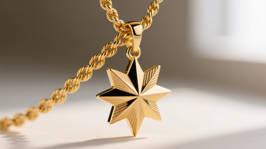 Macro shot of a delicate 14k gold rope chain threading through the bail of a textured starburst pendant, highlighting metal weave