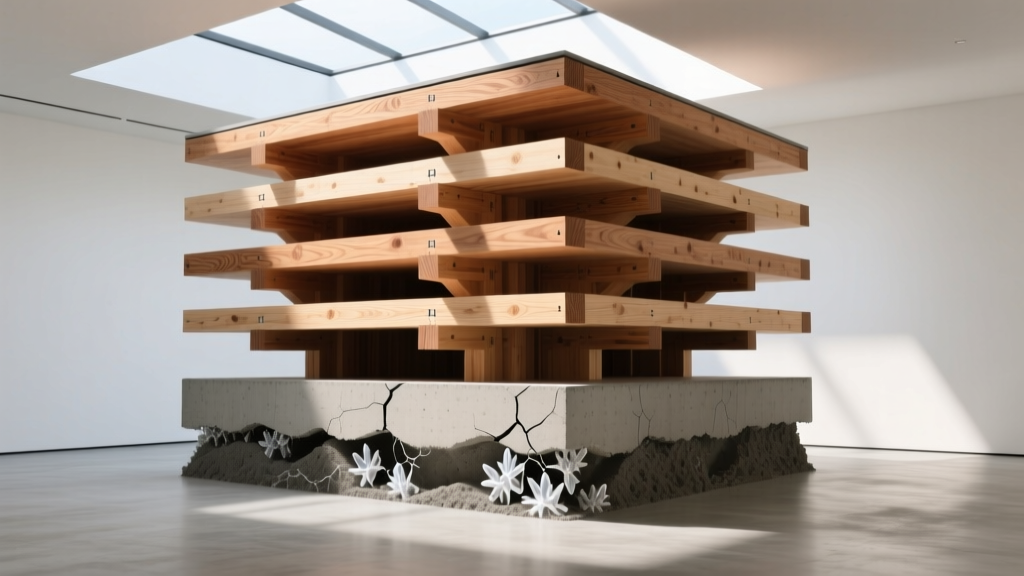 Cross-laminated timber beams and self-healing concrete foundations in a modern sustainable commercial building cross-section