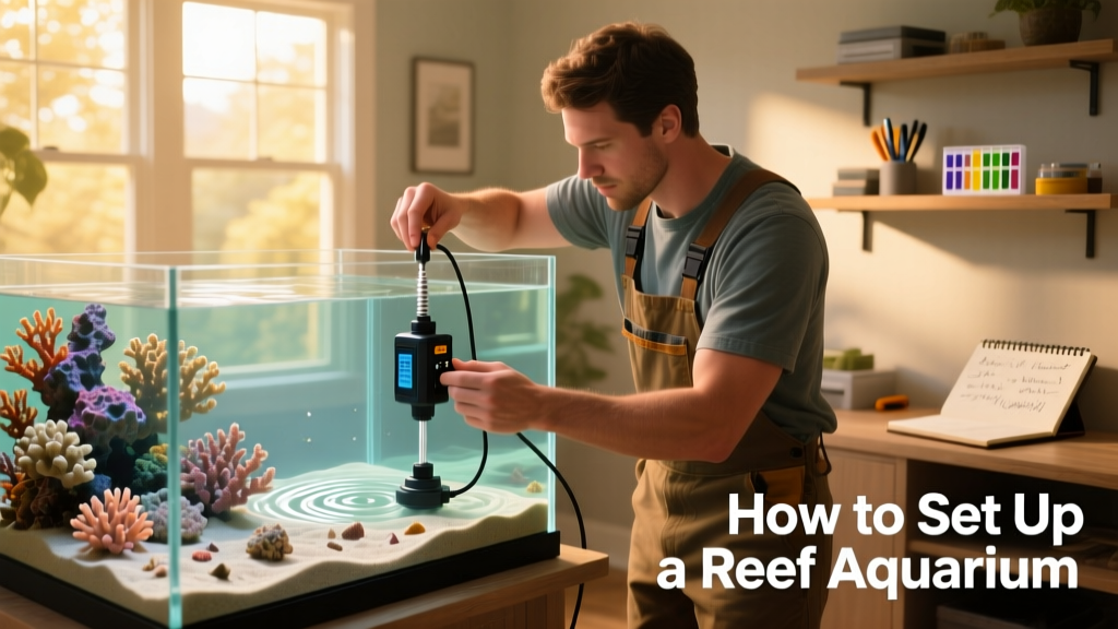Hand installing a wavemaker and heater inside a reef tank during setup