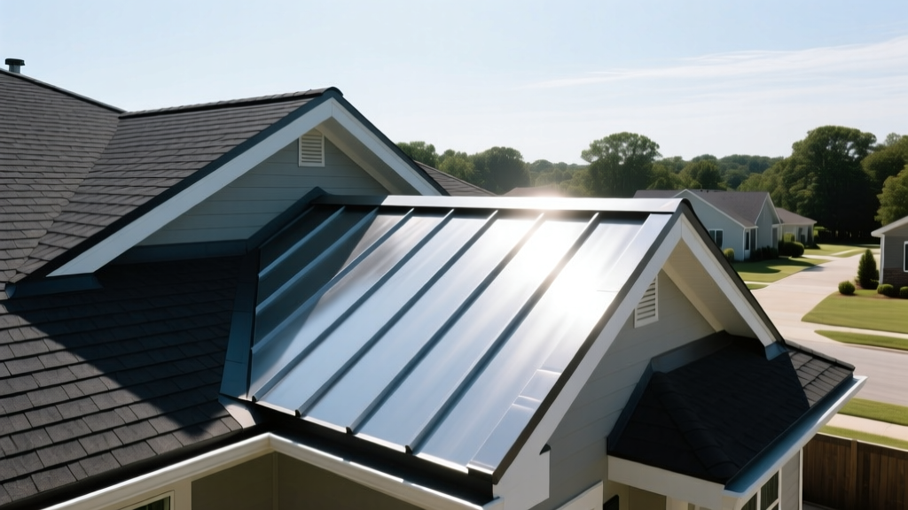 A residential roof in Norcross Georgia featuring dark architectural shingles and standing seam metal accents under bright summer sunlight