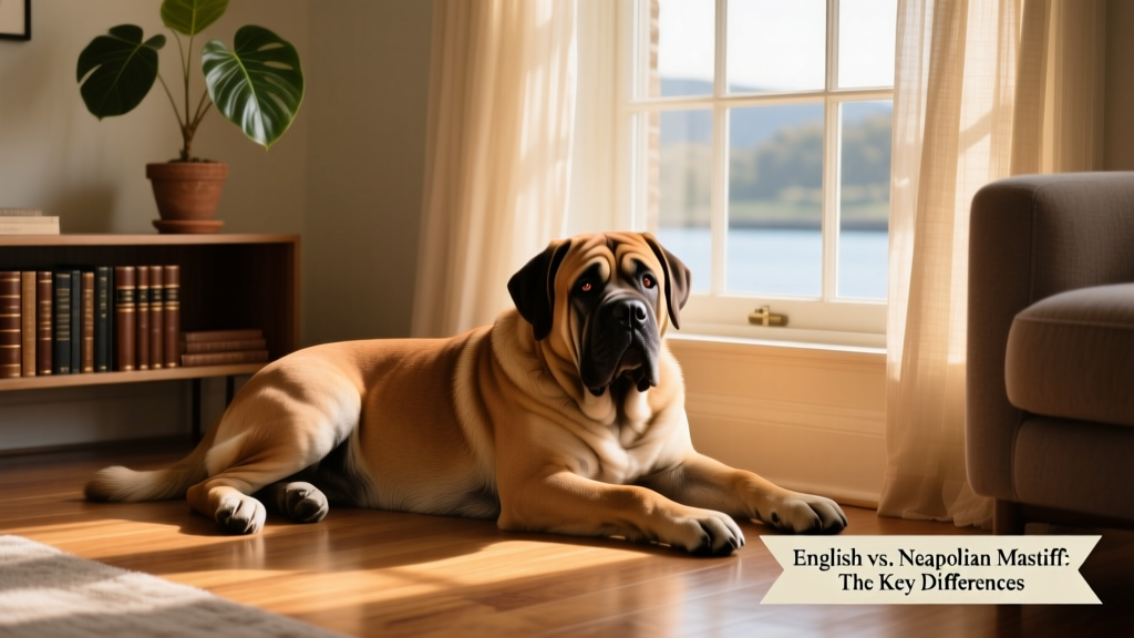 A calm, well-groomed English Mastiff resting beside a sunlit window in a cozy living room