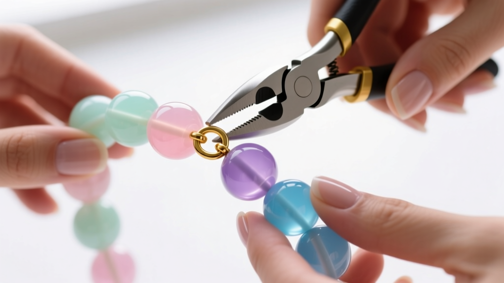 Hands using specialized crimping pliers to secure a gold-filled clasp onto a finished strand of large pastel resin beads.