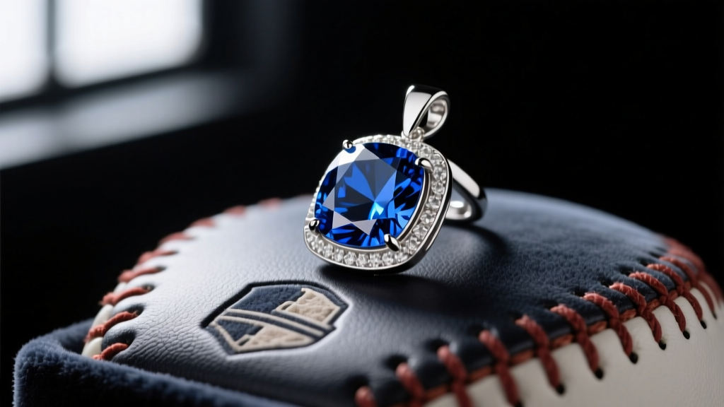 Close-up of a 15-carat Ceylon blue sapphire pendant in platinum, resting on a dark velvet baseball-themed display stand