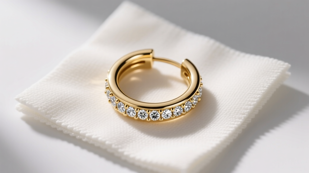 Overhead shot of a clean 14k gold one hoop earring with diamonds resting on a dry, lint-free microfiber jewelry polishing cloth.