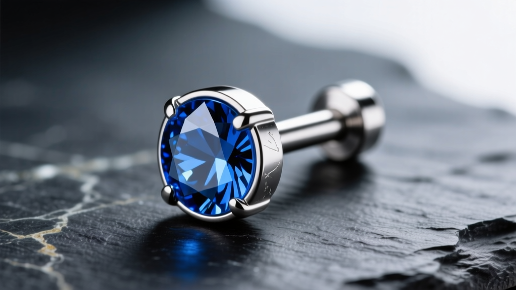 Macro shot of an 18-gauge implant-grade titanium labret stud with a polished bezel-set sapphire, resting on dark slate.