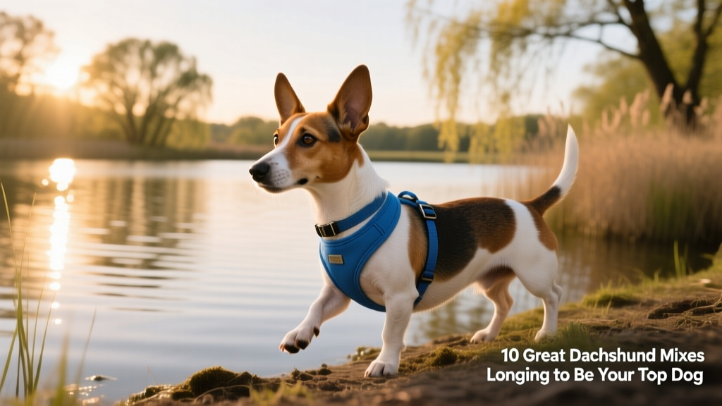 jack russel terrier dachshund mix with russell ears wearing a blue harness near a body of water