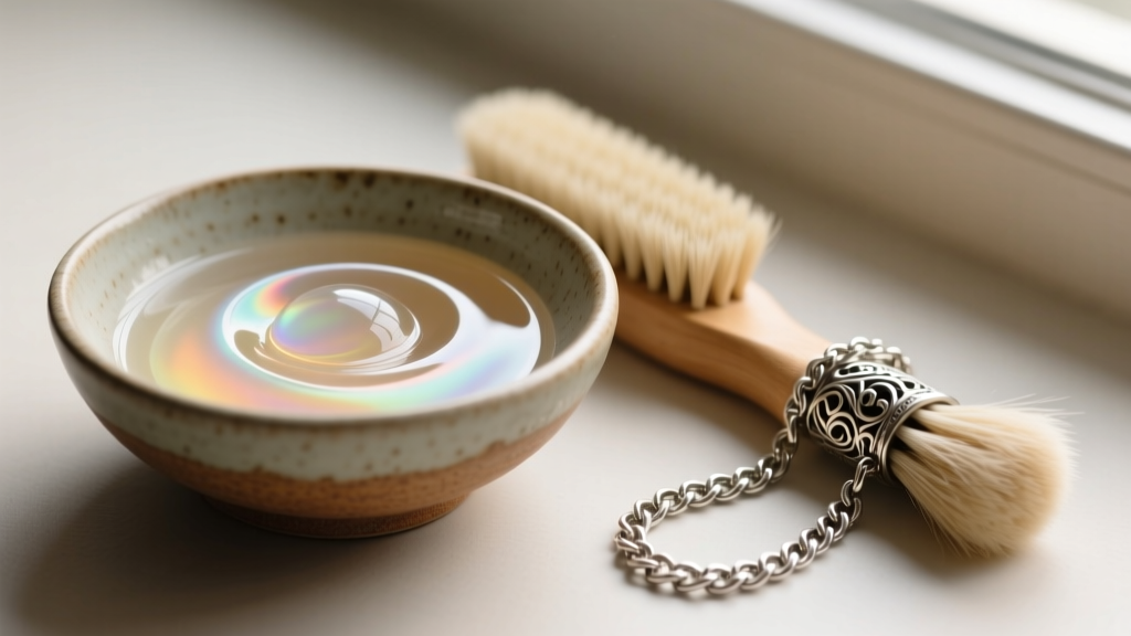Close-up of gentle soap solution in a ceramic bowl with a soft horsehair brush resting beside a vintage sterling silver chain.