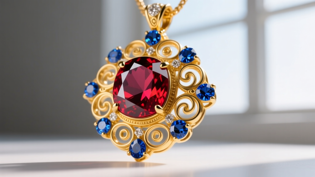 Close-up of an Amulet of Glory replica featuring a lab-created ruby center stone and synthetic sapphires, set in 14k yellow gold.