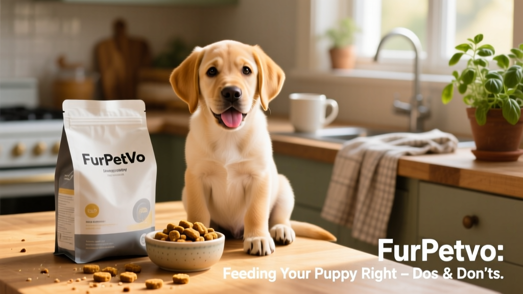 Happy, well-groomed Labrador puppy sitting calmly beside an open FurPetVo puppy food bag and a small bowl of approved training treats