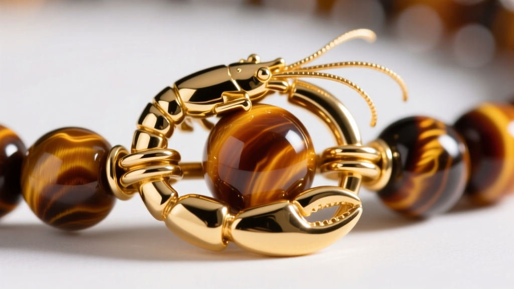 Macro shot of a gold lobster clasp on a tiger eye bead necklace using a wire guard, highlighting secure heavy jewelry findings.