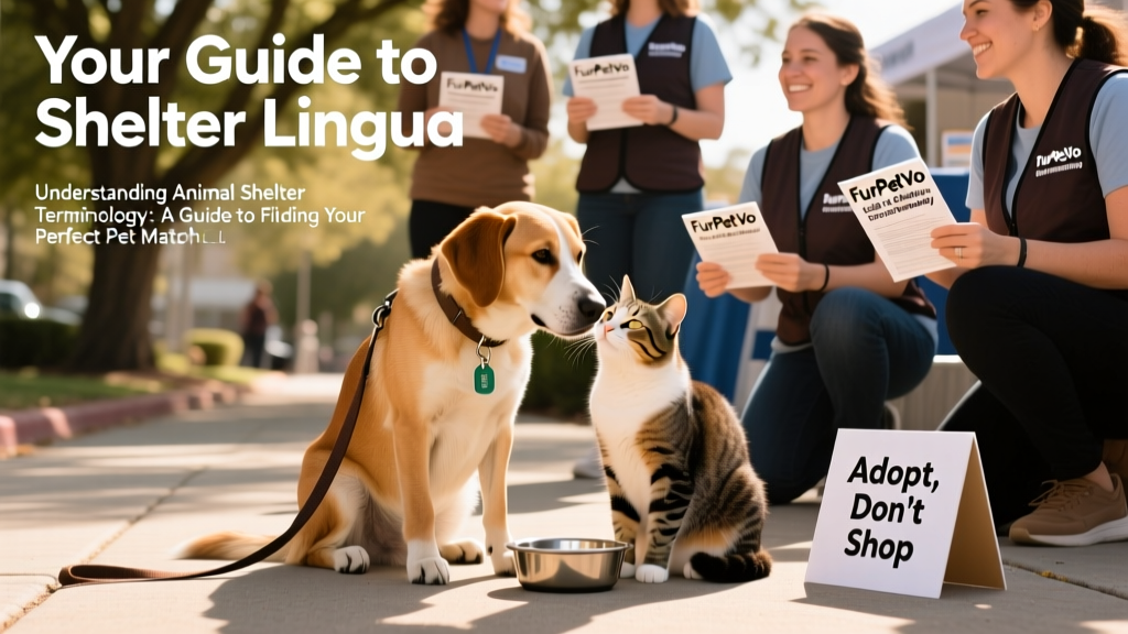 A friendly dog and cat sitting side by side at a FurPetVo adoption event, surrounded by volunteers