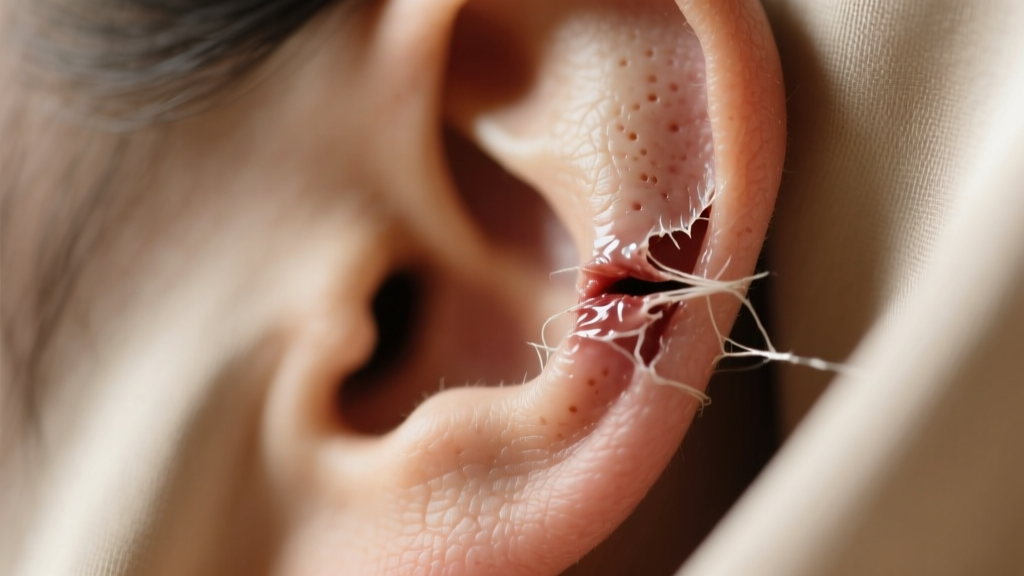 Macro shot of a partially torn earlobe, soft lighting highlighting the skin texture and depth of the ripped earring hole tear