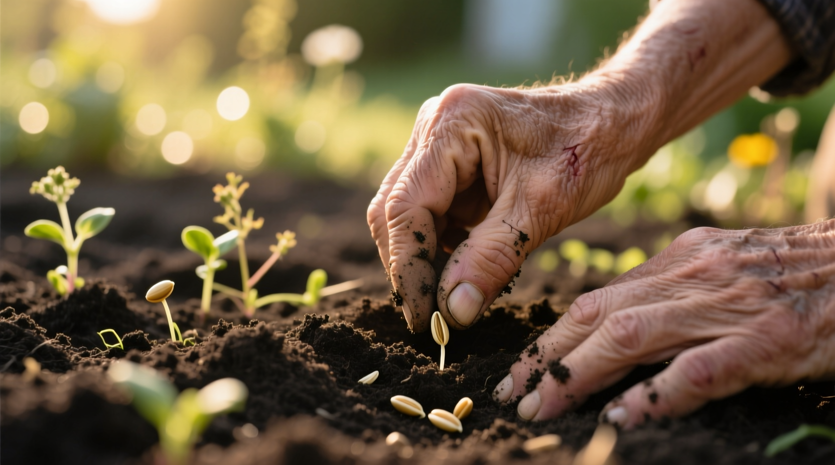 Close-up of hands planting seeds in soil