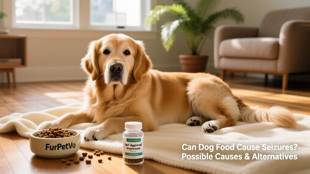 A happy, relaxed dog resting peacefully on a soft blanket, with a bowl of FurPetVo kibble nearby and a vet-approved supplement capsule beside it